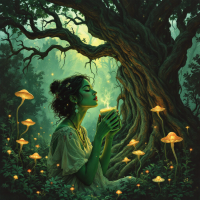 A serene figure with vibrant green skin sits amidst glowing mushrooms and roots of a majestic tree, sipping a drink, eyes closed, absorbing the energy of the enchanted forest.