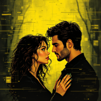 A close-up of a couple gazing intensely at each other, surrounded by a vivid yellow background, embodying the passion and connection expressed in the quote about belonging and love.