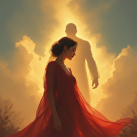 A silhouette of a man looms behind a woman in a flowing red dress, symbolizing the sacrifices behind every great man, as sunlight filters through the clouds.