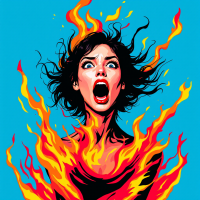 A fierce woman passionately screaming, engulfed in vibrant flames, embodies the spirit of the quote The girl who was on fire, exuding strength and intensity against a bright blue background.