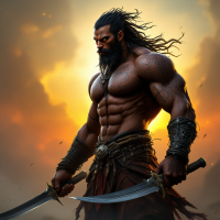 A powerful warrior with a muscular build stands with dual swords, exuding fierce readiness against a dramatic sunset backdrop, embodying the instinctual nature of combat.