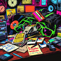 A chaotic table cluttered with colorful sunglasses, vinyl records, cassette tapes, books, and retro gadgets, set against a backdrop of vibrant, nostalgic decor.