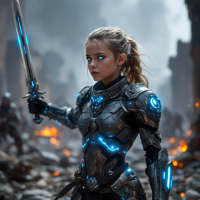 A determined young warrior in futuristic armor, wielding a glowing sword, stands amid a battlefield, embodying the fierce spirit of the quote, I’d rather die fighting than live as a pawn.