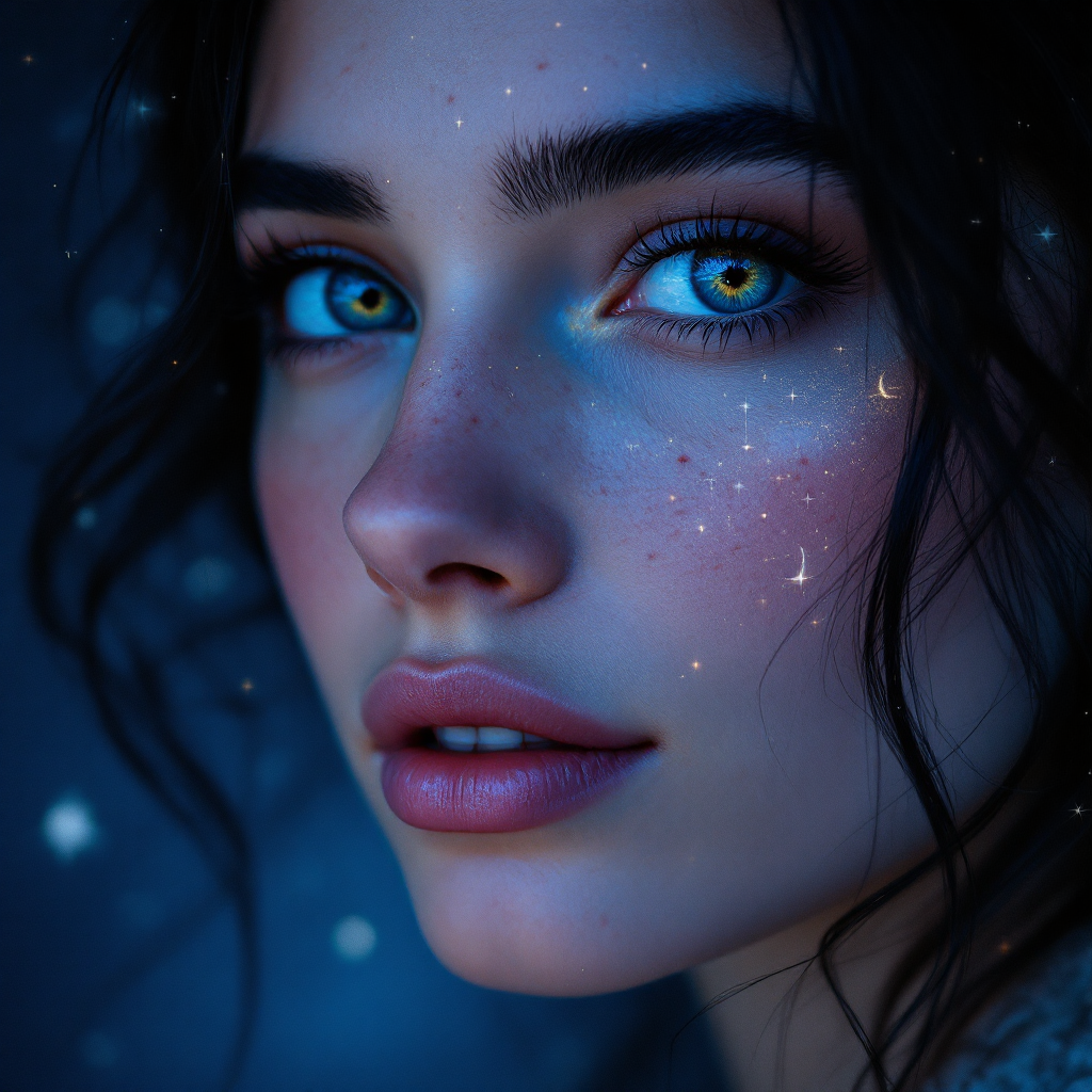 A close-up of a young woman with striking blue eyes, her face adorned with hints of starlight and shadows, embodying the essence of untold stories and adventures.