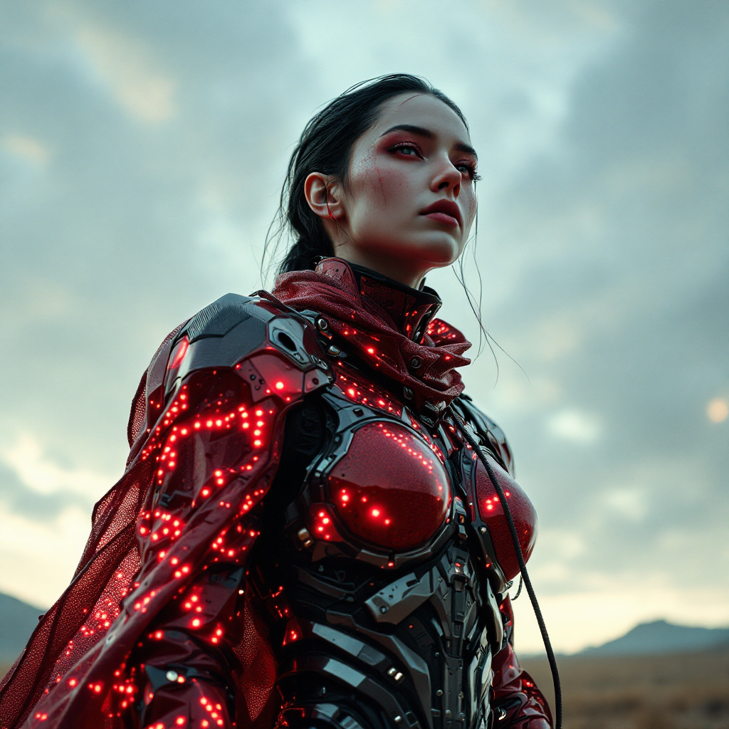 A woman in futuristic red armor adorned with glowing patterns stands against a cloudy sky, embodying strength and elegance as her gear merges seamlessly with her form.