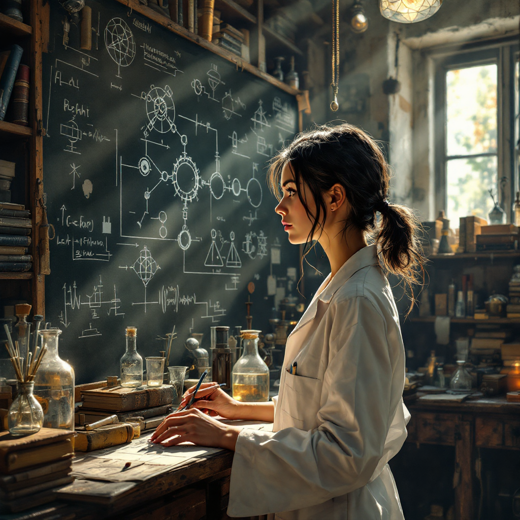 A young woman in a lab coat stands at a desk, thoughtfully writing. Behind her, a chalkboard filled with scientific diagrams and notes reflects a deep understanding of science and life.