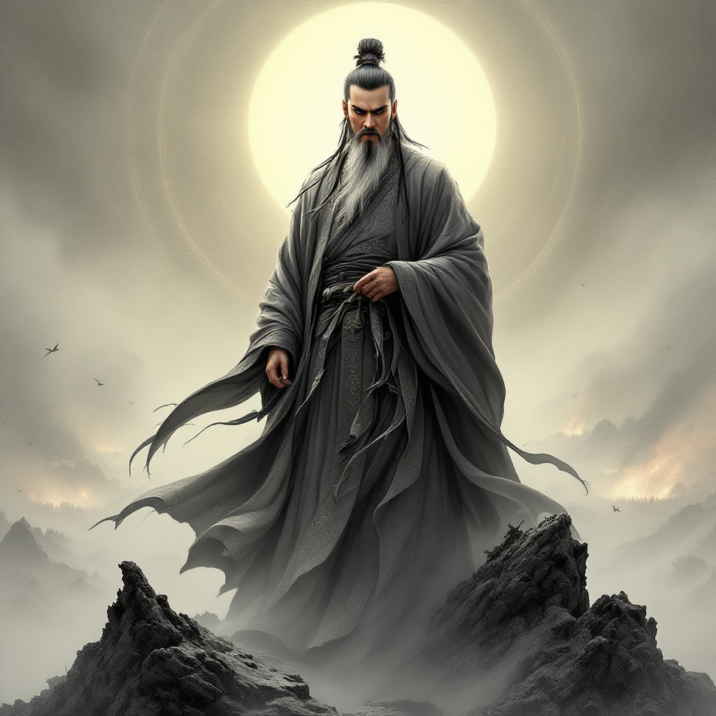 A wise figure in flowing robes stands on rocky ground, surrounded by mist, with a radiant light behind him, embodying the quote, All warfare is based on deception.