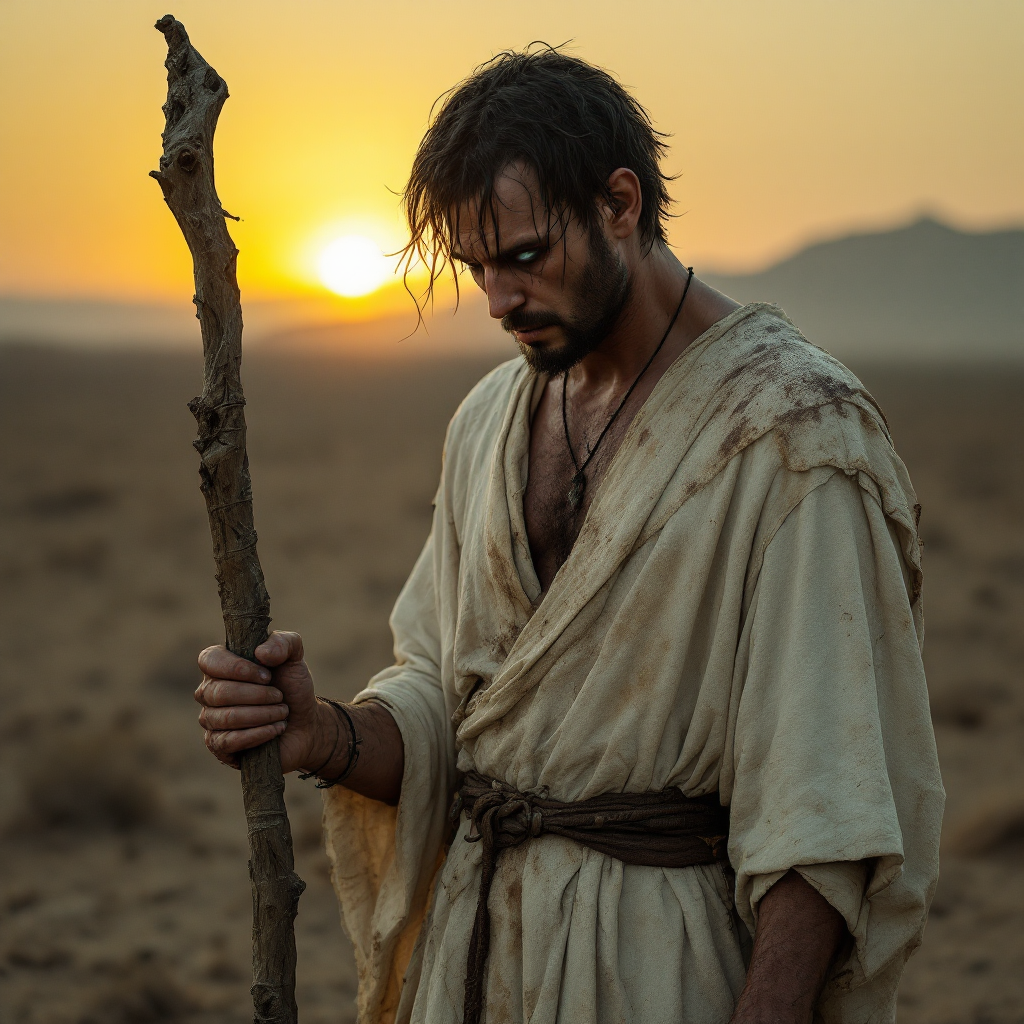 A solemn man in worn robes stands in a barren landscape, holding a staff. The sunset casts a warm glow, reflecting the struggle between perceived goodness and inner turmoil.