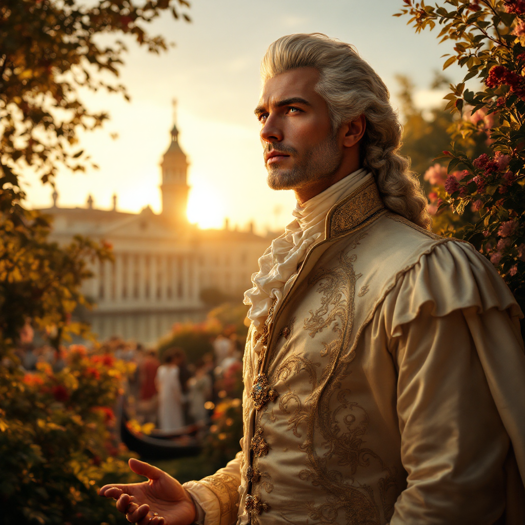 A regal man in an ornate, vintage outfit stands in a sunlit garden, embodying resilience and hope against a backdrop of historical architecture and blooming flowers.