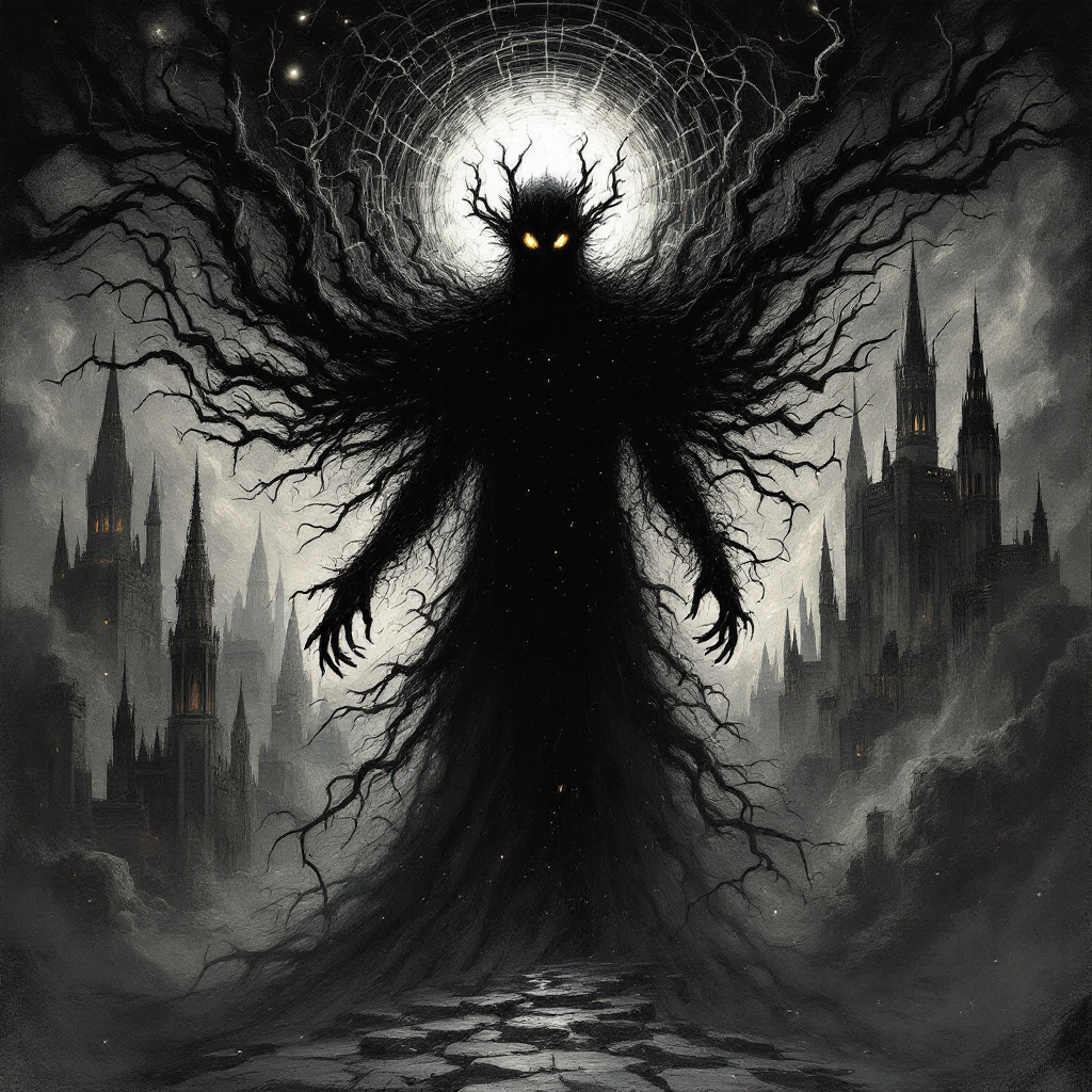 A dark, shadowy figure with glowing eyes looms against a backdrop of twisted branches and gothic spires, symbolizing the duality of good and evil in the human soul.