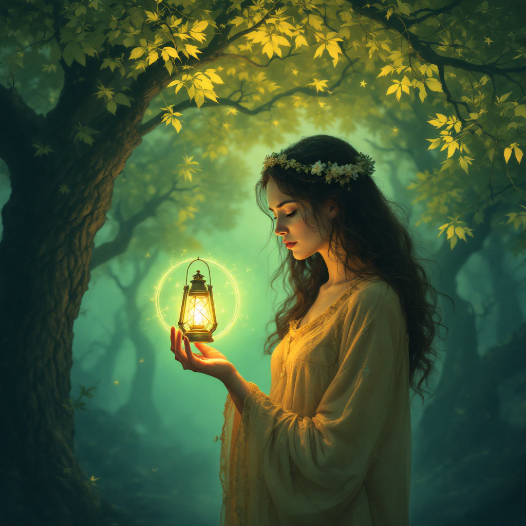 A young woman in a flowing dress holds a glowing lantern, surrounded by lush green trees and soft, enchanted light, symbolizing the unexpected nature of truth.