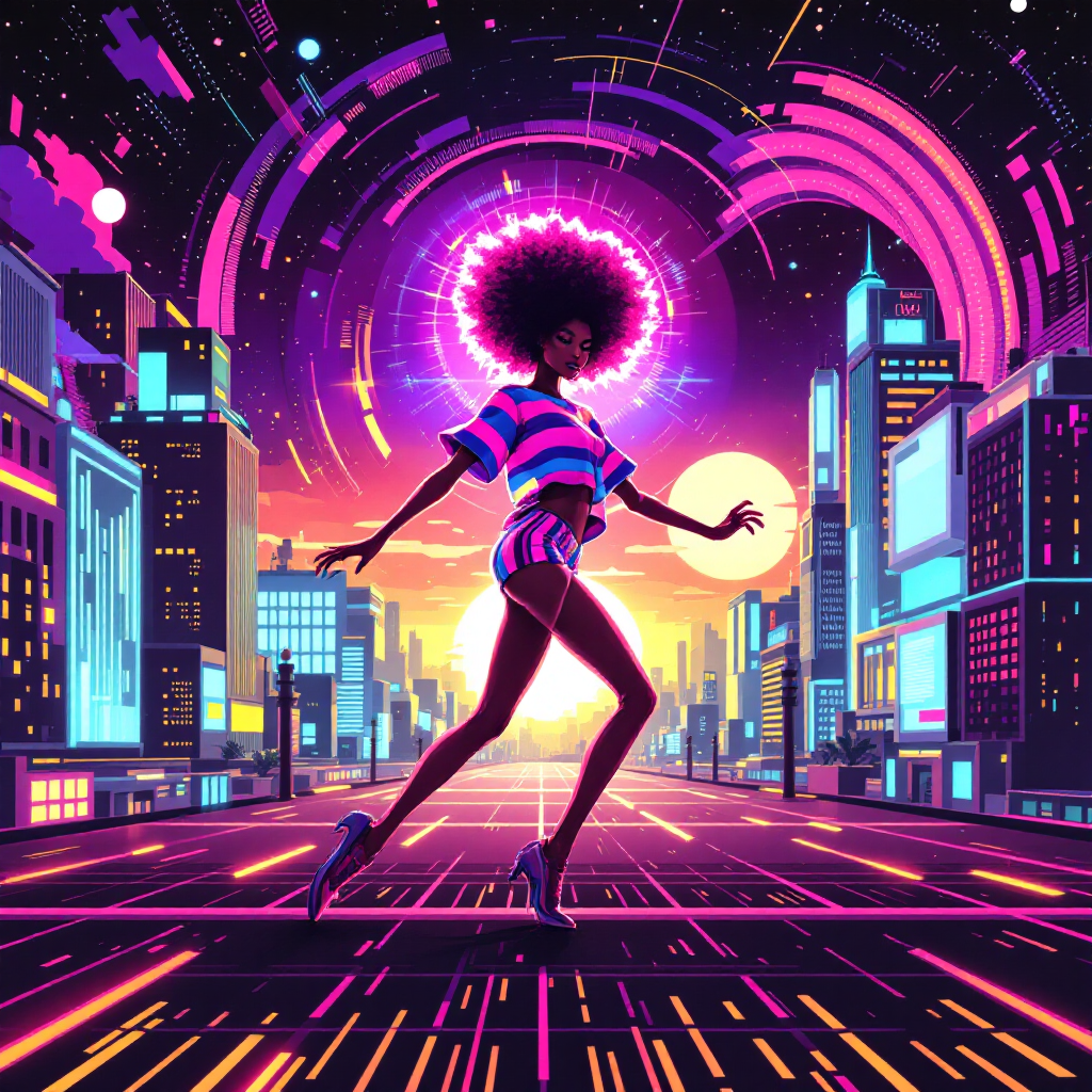 A dancer in vibrant attire moves confidently through a neon-lit cityscape, embodying the quote Life is a dance that we must learn to master against a backdrop of swirling lights and colors.