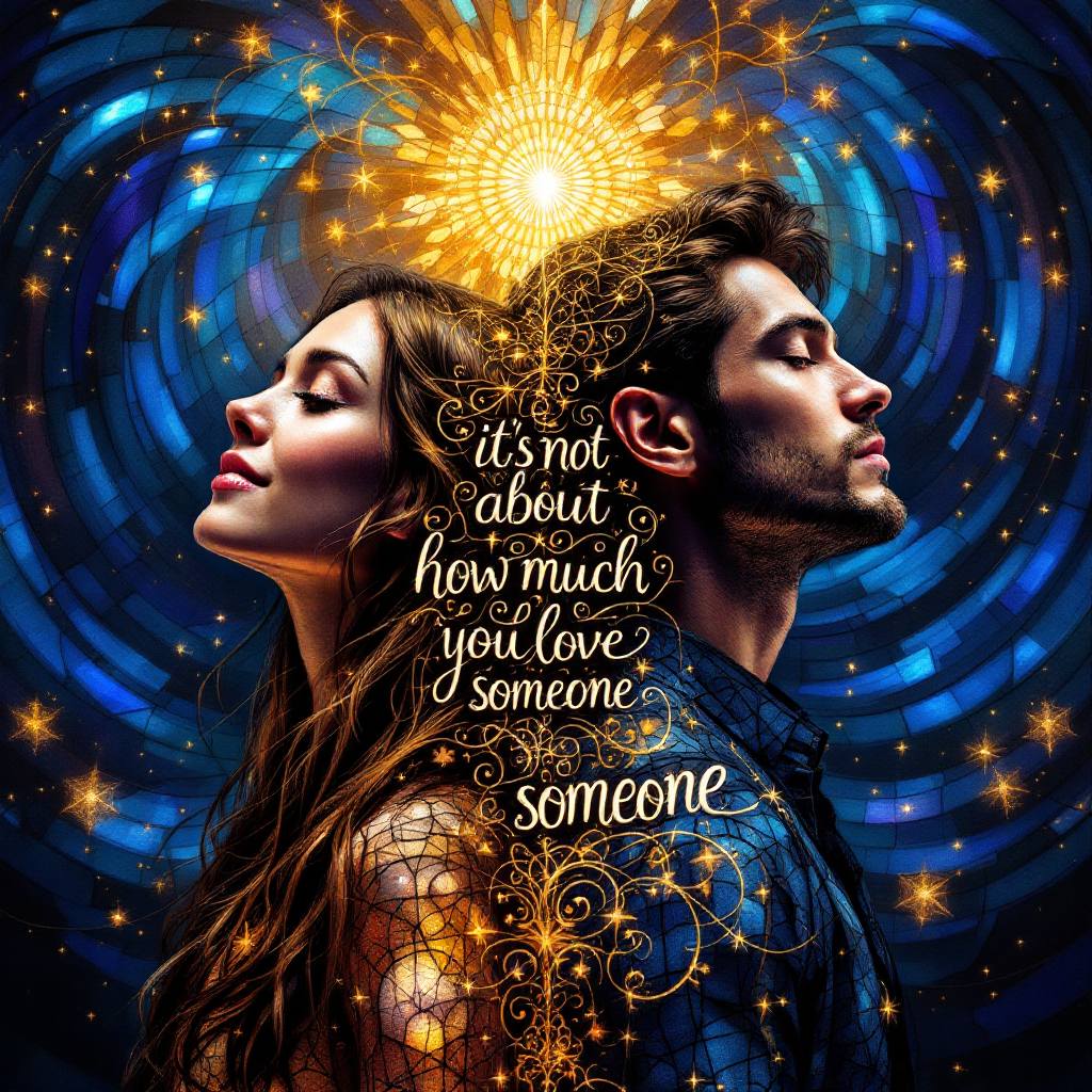 A vibrant image of a man and woman facing away from each other, surrounded by swirling cosmic patterns and a radiant light, with the quote about deep love and its depth artistically integrated.