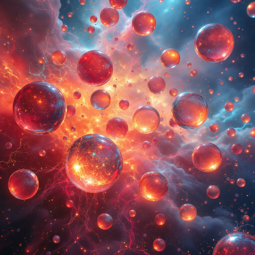 A cosmic scene filled with vibrant, glowing spheres amidst swirling clouds of blue, red, and orange, embodying the interconnected essence of existence as expressed in the quote.