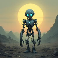 A robotic figure with glowing blue eyes stands in a barren landscape, illuminated by a large, golden sun, reflecting on the theme of electric lives in the universe.