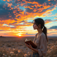 A young woman stands in a field of flowers at sunset, holding a book. The vibrant sky reflects a message of hope connecting struggle to vision, embodying the essence of the quote.