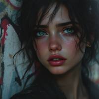 A close-up portrait of a young woman with striking green eyes and tousled dark hair, evoking deep emotion, reflecting the quote, I am the most human when I am on the verge of tears.