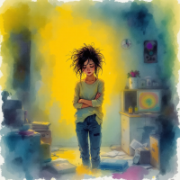 A young woman stands in a cluttered room, arms crossed, with a serious expression. A warm yellow light surrounds her, reflecting the weight of her decisions.