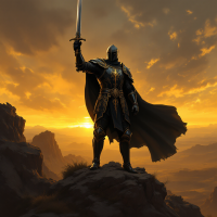 A knight in shining armor stands on a rocky outcrop at sunset, holding a sword aloft, embodying loyalty and strength against a dramatic, golden sky.