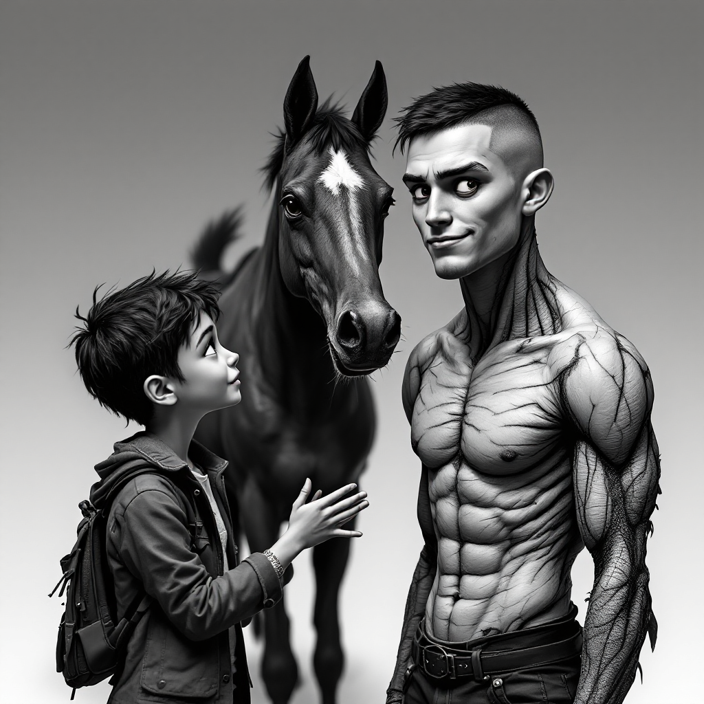 A boy with messy hair gazes at a muscular, scarred man with short hair, while a horse stands nearby, appearing small in comparison to the two figures.