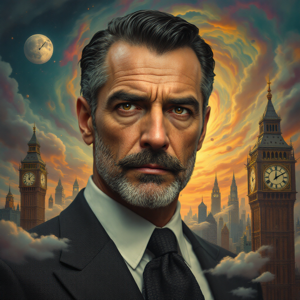 A suave, distinguished man in a suit gazes confidently at the viewer, with a dramatic sky and iconic clock towers in the background, embodying sophistication and timeless charm.