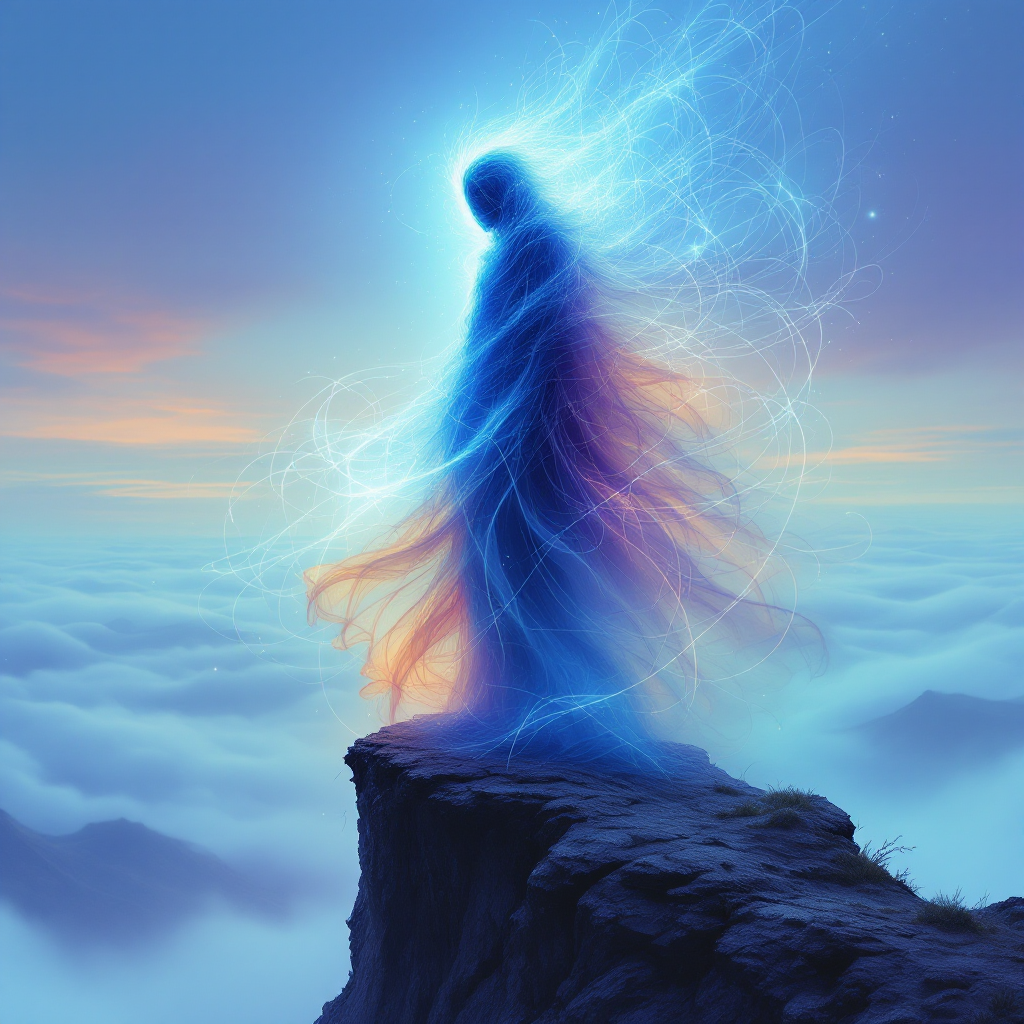 A glowing, ethereal figure stands on a rocky outcrop above a sea of clouds, embodying the essence of persuasion and belief as suggested by the quote on influence.