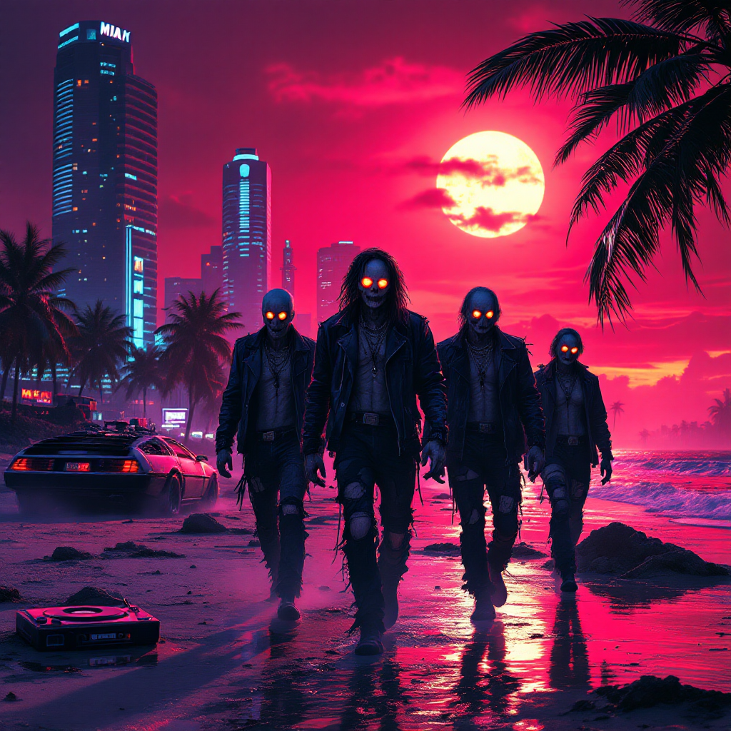 A dark, moody scene featuring four figures with glowing eyes walking along a beach at sunset, embodying the quote, The undead never rest, against a backdrop of city lights and palm trees.