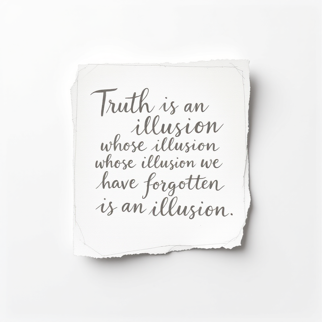 A piece of torn paper features the quote, Truth is an illusion whose illusion we have forgotten is an illusion, arranged in elegant, handwritten script.