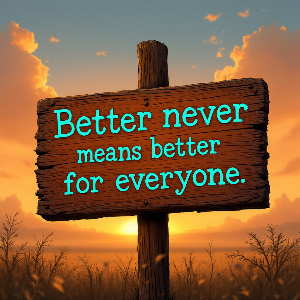 A wooden sign stands against a sunset backdrop, displaying the quote: Better never means better for everyone. The scene evokes themes of disparity and perspective.