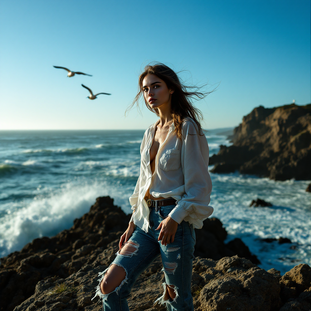 A young woman stands on rocky coastal terrain, wind tousling her hair, as seagulls soar above. The ocean waves crash in the background, embodying the struggle between visibility and safety.