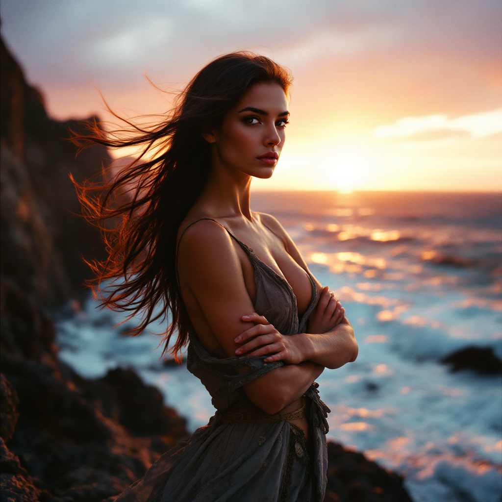 A determined woman stands confidently by the ocean at sunset, her hair flowing in the wind, embodying the will to persevere, illustrating the quote about true strength.