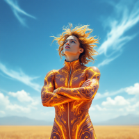 A confident figure stands in a vast field under a bright blue sky, their body adorned with glowing patterns, symbolizing the power of self-determination and overcoming obstacles.