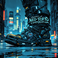 A towering robotic boot, inscribed with Property of Neo-Tokyo Corporation, looms over a futuristic cityscape, evoking themes of oppression and a bleak vision of the future.