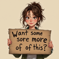 A young woman with tousled hair holds a sign that reads, Want some sore more of this? She has a playful smile, embodying a casual, imperfect charm.