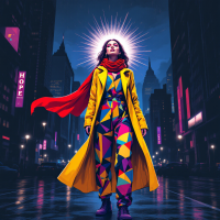 A figure in a vibrant, geometric outfit and yellow coat stands confidently under a radiant halo in a cityscape, embodying the essence of hope amidst darkness.