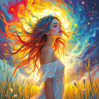 A young woman with vibrant, flowing hair stands in a field, surrounded by swirling colors and stars, embodying the idea of ordinary people choosing to be extraordinary.