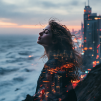 A woman stands by the ocean, her hair flowing in the wind, with a vibrant city skyline and glowing lights reflecting in her silhouette, embodying the courage suggested by the quote.