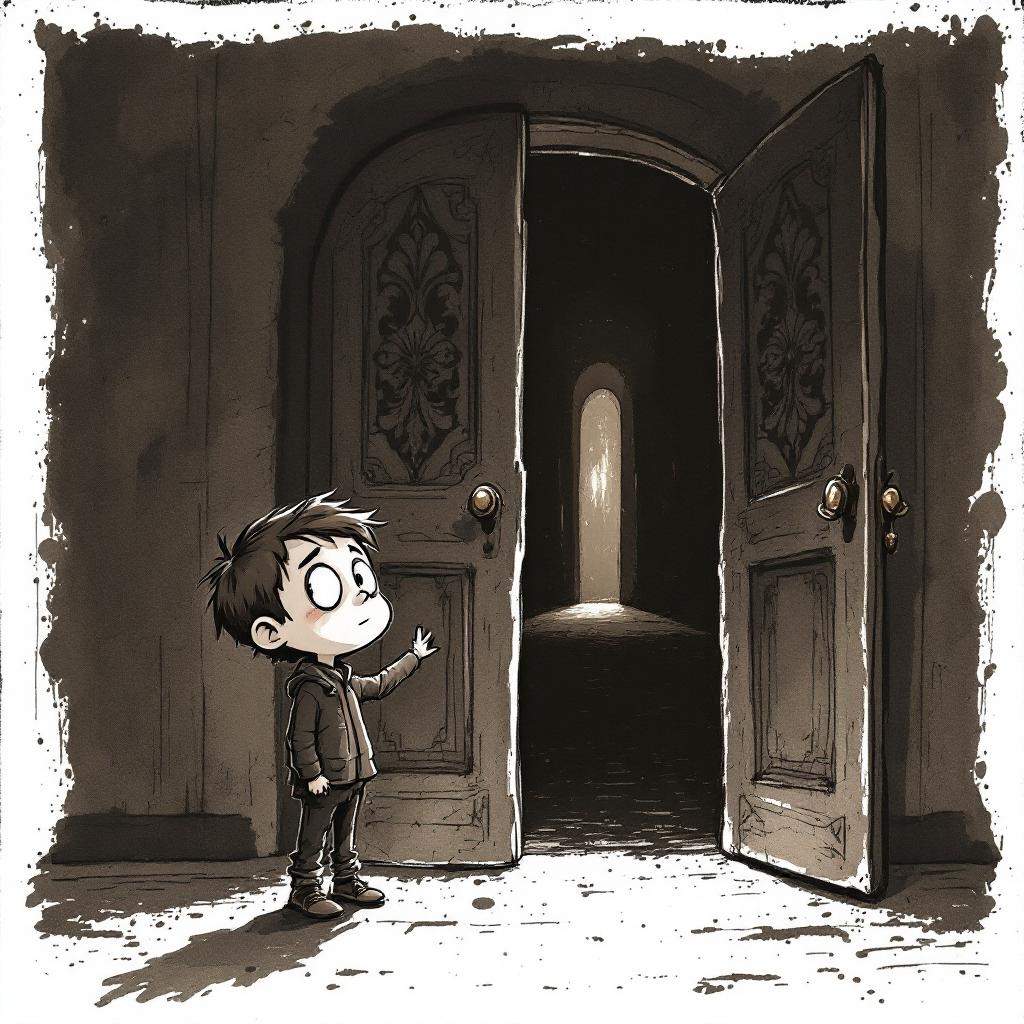 A young boy stands at an open doorway, peering into a dimly lit room beyond. His expression conveys curiosity and a hint of caution amid the mysterious surroundings.