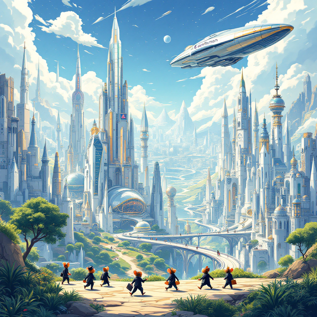 A vibrant futuristic cityscape with towering spires and hovering spacecraft, populated by mice walking along a path, reflecting the whimsical essence of the quote about mice running Earth.