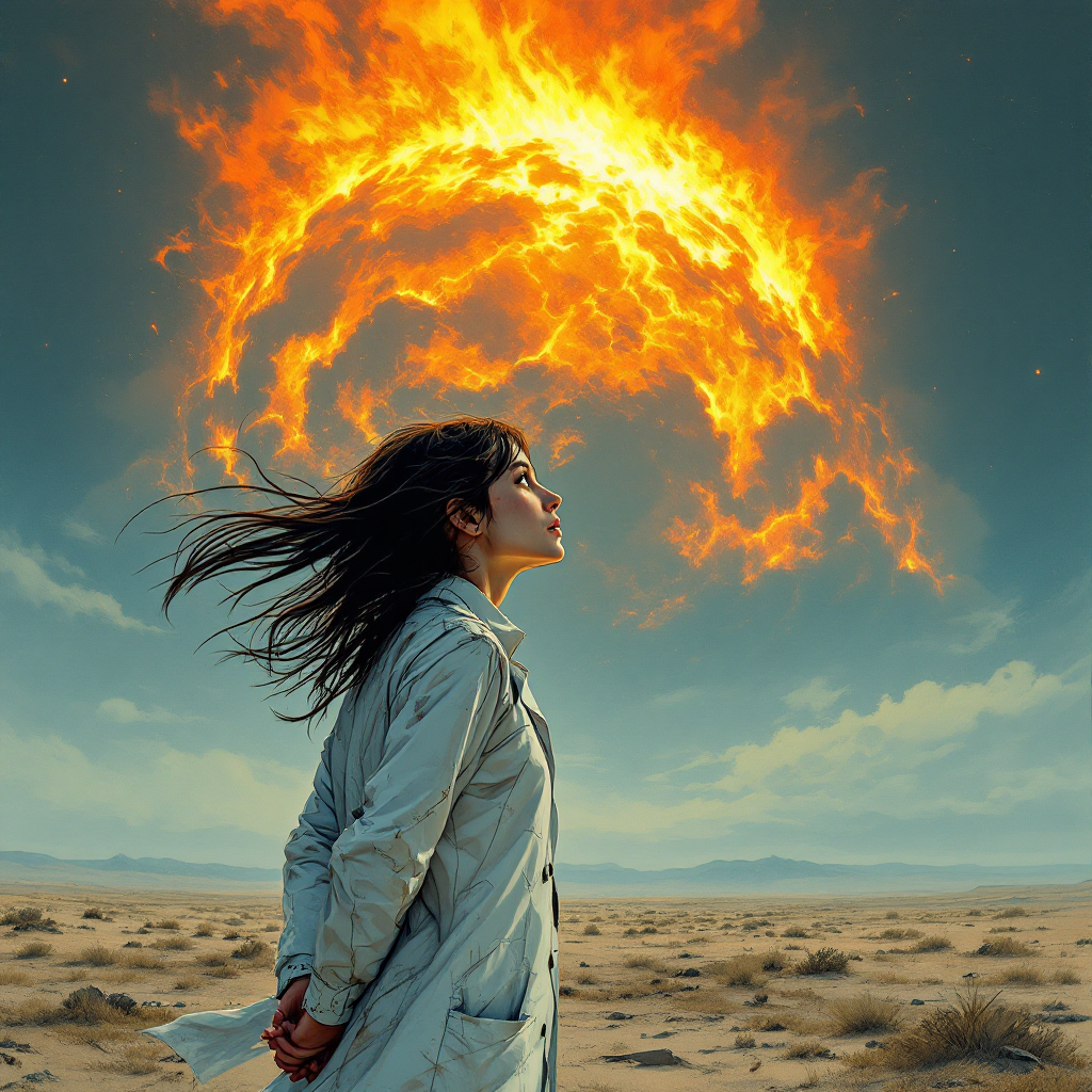 A woman stands in a desolate landscape, gazing upward as flames swirl ominously in the sky, reflecting her thoughts on an impending catastrophic experiment.