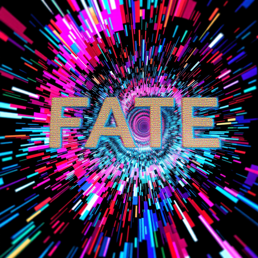 A vibrant burst of color with the word FATE prominently displayed at the center, reflecting the idea that fate can be influenced by one’s own choices and actions.