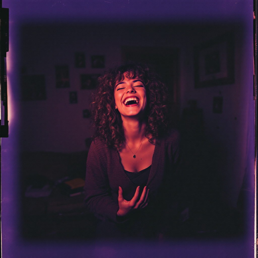 A woman with curly hair laughs joyfully, embodying the spirit of self-acceptance and humor, surrounded by a softly lit room filled with personal photos and memories.