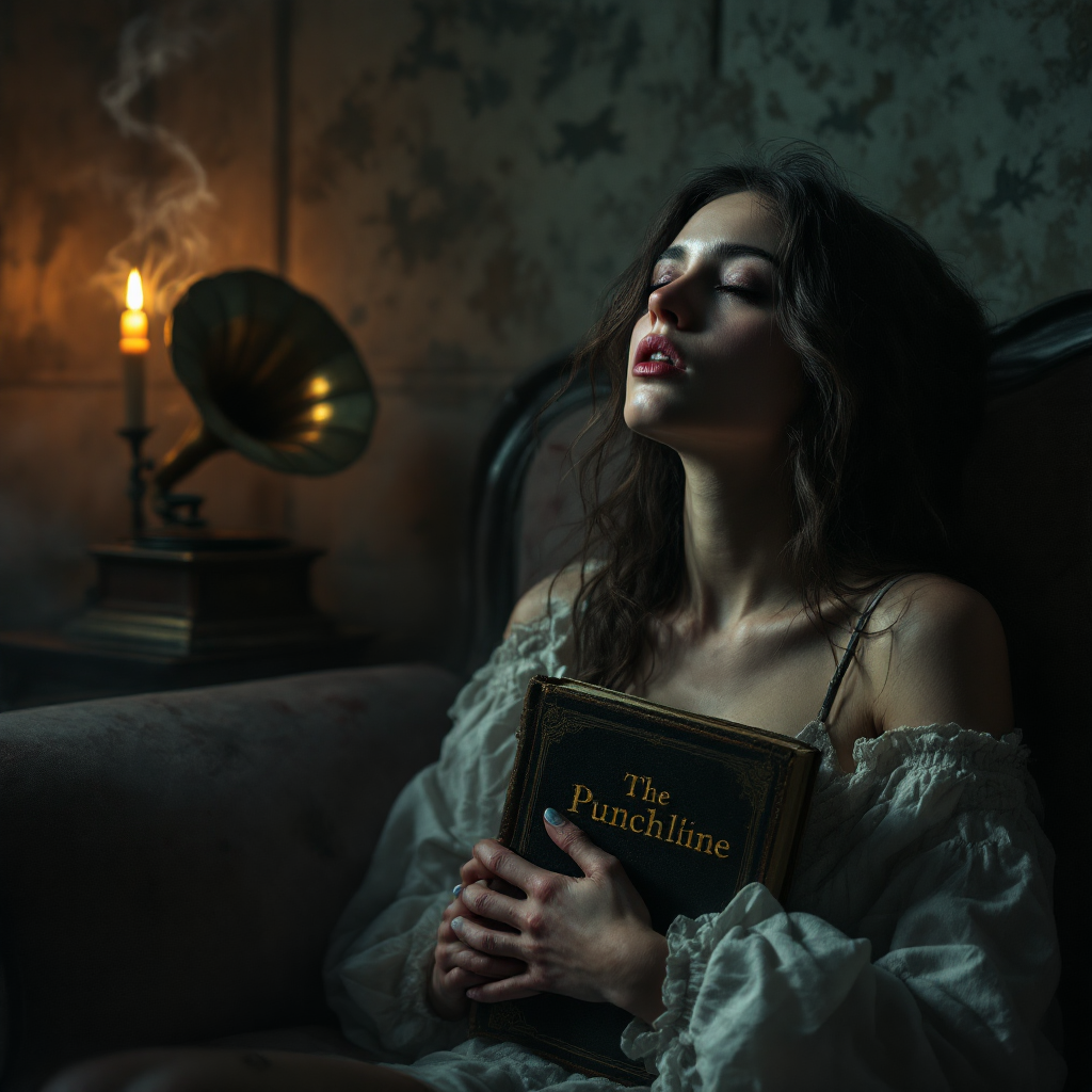 A woman sits in a dimly lit room, holding a book titled The Punchline, embodying the quote, Life is a long, terrible joke, as the glow of an antique lamp flickers nearby.