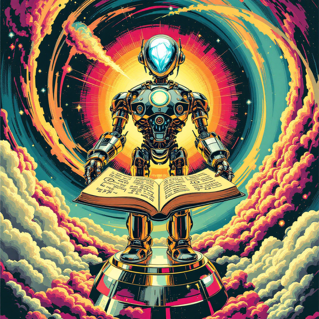 A futuristic robot stands before a glowing, swirling cosmos, holding an open book. The image reflects the idea that our beliefs, rooted in truth, shape our reality.