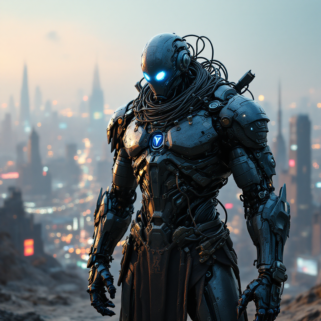 A futuristic robotic figure stands atop a cityscape at dusk, illuminated by blue lights, embodying the weight of responsibility echoed in the quote about taming.