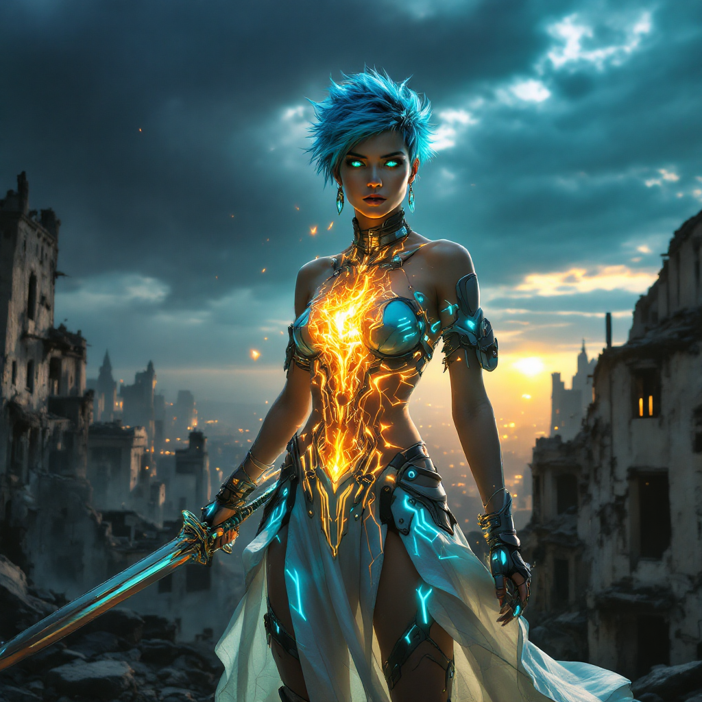 A fierce warrior stands amidst ruined buildings, illuminated by a glowing core. The scene embodies the duality of hope as both a guiding light and a potential danger.