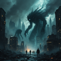 A dark, dystopian cityscape features towering, monstrous figures looming over shadowy silhouettes of people, embodying the quote: This inhuman place makes human monsters.