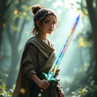 A young woman stands confidently in a sunlit forest, holding a vibrant, shimmering sword, embodying the quote: A clever mind is sharper than any sword.