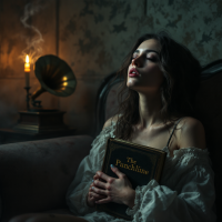 A woman sits in a dimly lit room, holding a book titled The Punchline, embodying the quote, Life is a long, terrible joke, as the glow of an antique lamp flickers nearby.