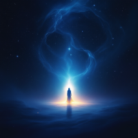 A figure stands in a mystical landscape, surrounded by swirling blue and orange light against a starry backdrop, embodying the idea that buried truths eventually emerge.